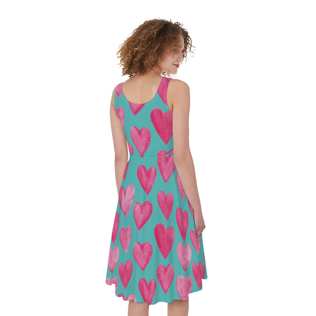 Pink And Teal Watercolor Heart Print Women's Sleeveless Dress