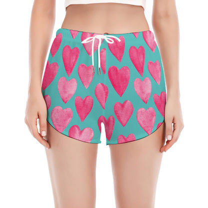 Pink And Teal Watercolor Heart Print Women's Split Running Shorts