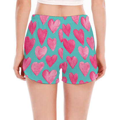Pink And Teal Watercolor Heart Print Women's Split Running Shorts