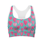 Pink And Teal Watercolor Heart Print Women's Sports Bra