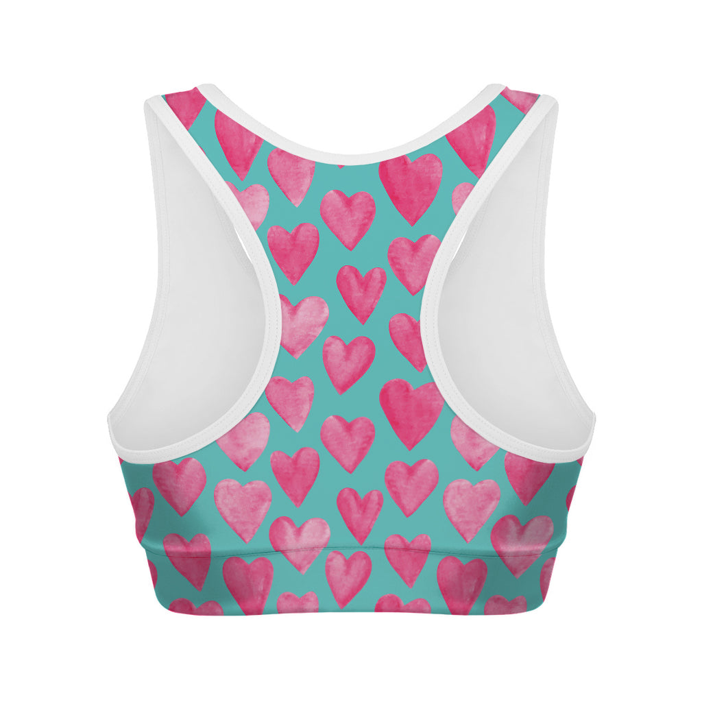 Pink And Teal Watercolor Heart Print Women's Sports Bra
