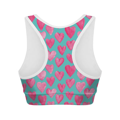 Pink And Teal Watercolor Heart Print Women's Sports Bra