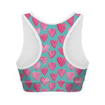 Pink And Teal Watercolor Heart Print Women's Sports Bra