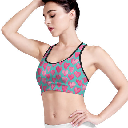 Pink And Teal Watercolor Heart Print Women's Sports Bra