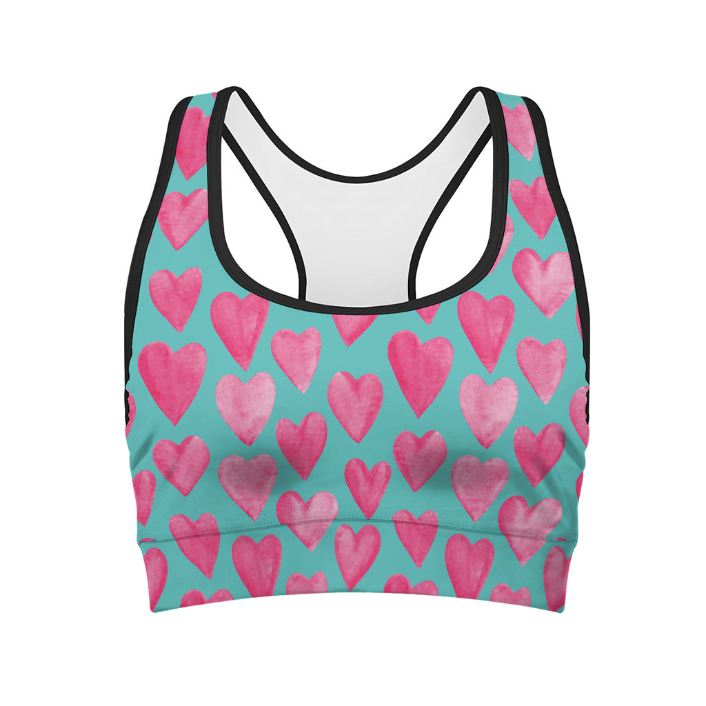 Pink And Teal Watercolor Heart Print Women's Sports Bra