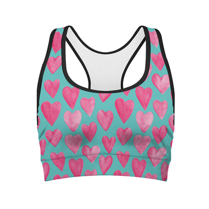 Pink And Teal Watercolor Heart Print Women's Sports Bra