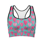 Pink And Teal Watercolor Heart Print Women's Sports Bra