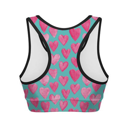 Pink And Teal Watercolor Heart Print Women's Sports Bra