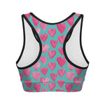 Pink And Teal Watercolor Heart Print Women's Sports Bra
