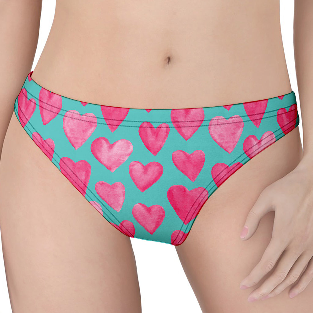 Pink And Teal Watercolor Heart Print Women's Thong