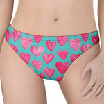 Pink And Teal Watercolor Heart Print Women's Thong