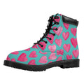 Pink And Teal Watercolor Heart Print Padded Collar Lace Up Boots