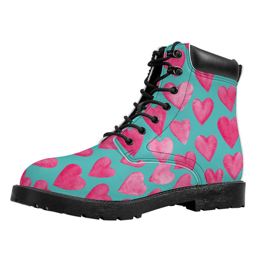 Pink And Teal Watercolor Heart Print Work Boots