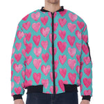 Pink And Teal Watercolor Heart Print Zip Sleeve Bomber Jacket