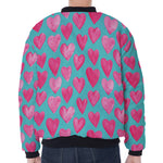 Pink And Teal Watercolor Heart Print Zip Sleeve Bomber Jacket