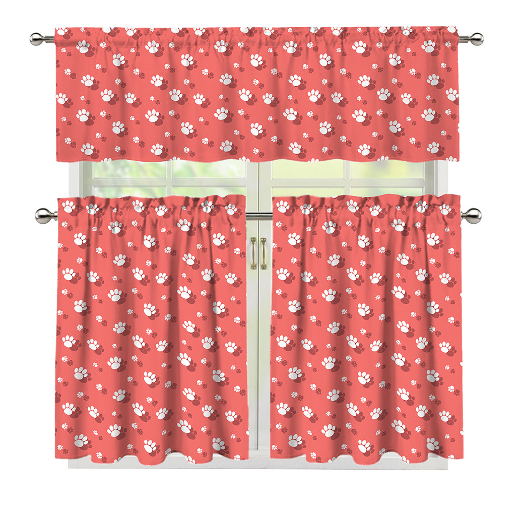 Pink And White Animal Paw Pattern Print 3 Piece Kitchen Curtains
