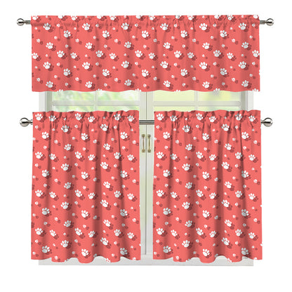 Pink And White Animal Paw Pattern Print 3 Piece Kitchen Curtains