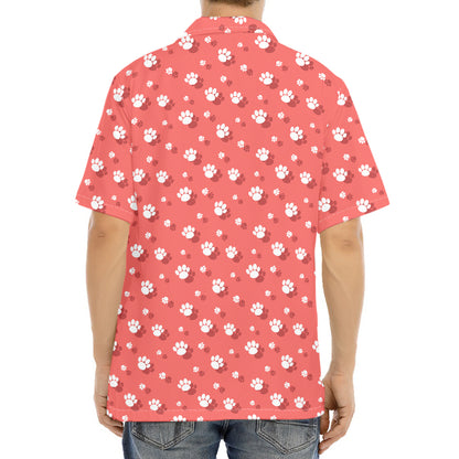 Pink And White Animal Paw Pattern Print Aloha Shirt
