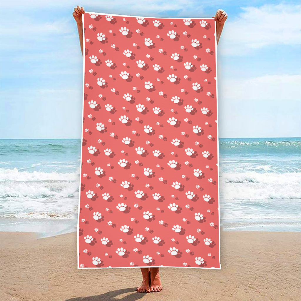 Pink And White Animal Paw Pattern Print Beach Towel