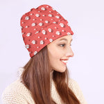 Pink And White Animal Paw Pattern Print Beanie