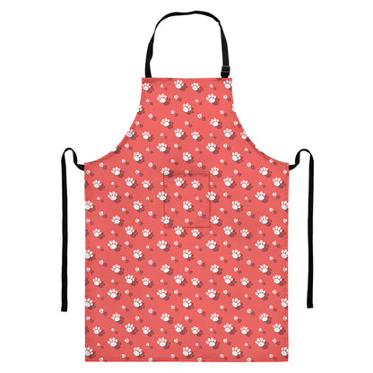 Pink And White Animal Paw Pattern Print Bib Apron With Pocket