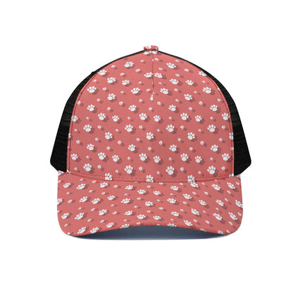 Pink And White Animal Paw Pattern Print Black Mesh Trucker Cap