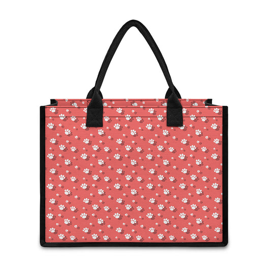 Pink And White Animal Paw Pattern Print Canvas Tote Bag