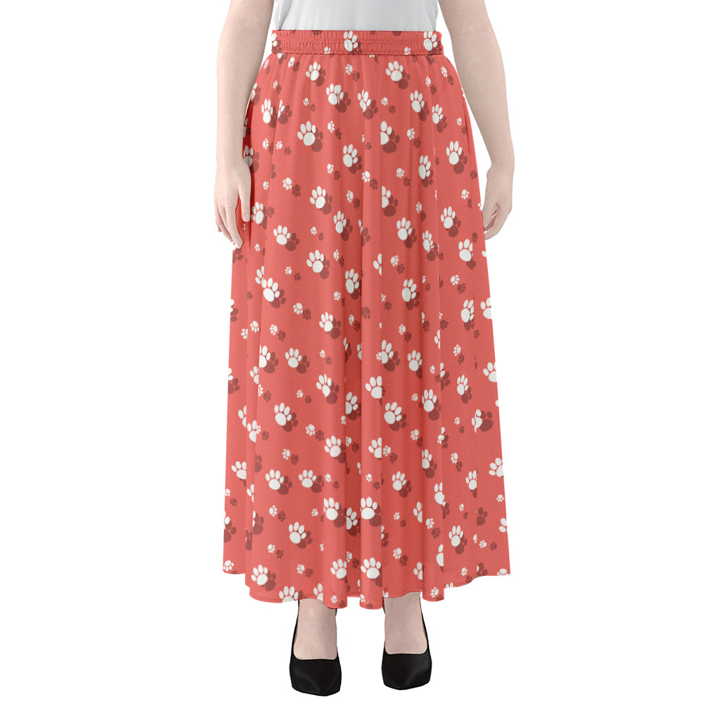 Pink And White Animal Paw Pattern Print Chiffon Maxi Skirt