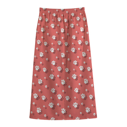 Pink And White Animal Paw Pattern Print Cotton Front Slit Maxi Skirt