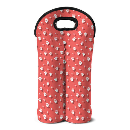Pink And White Animal Paw Pattern Print Double Neoprene Wine Tote
