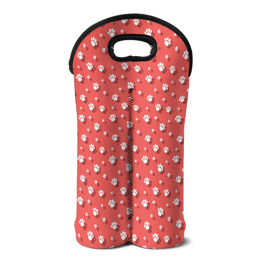 Pink And White Animal Paw Pattern Print Double Neoprene Wine Tote