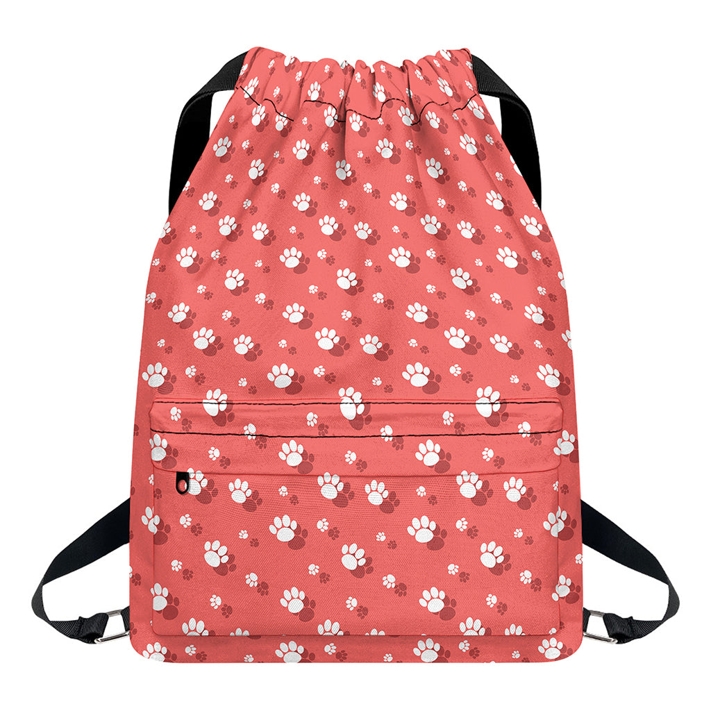 Pink And White Animal Paw Pattern Print Drawstring Backpack