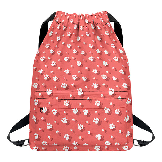 Pink And White Animal Paw Pattern Print Drawstring Backpack