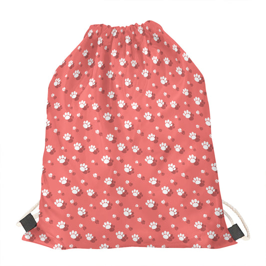 Pink And White Animal Paw Pattern Print Drawstring Bag