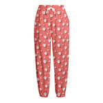 Pink And White Animal Paw Pattern Print Fleece Lined Knit Pants