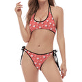 Pink And White Animal Paw Pattern Print Halter Scoop Tie Side Bikini