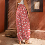 Pink And White Animal Paw Pattern Print Harem Pants