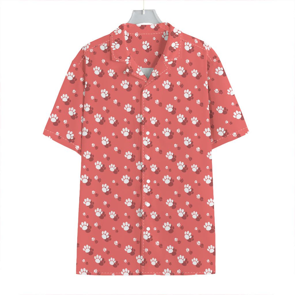 Pink And White Animal Paw Pattern Print Hawaiian Shirt