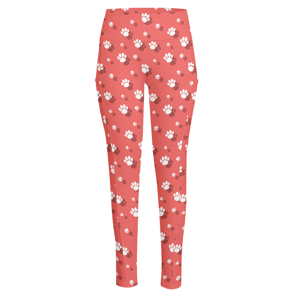 Pink And White Animal Paw Pattern Print High-Waisted Pocket Leggings