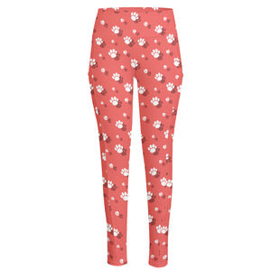 Pink And White Animal Paw Pattern Print High-Waisted Pocket Leggings