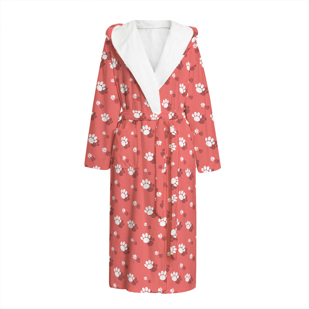 Pink And White Animal Paw Pattern Print Hooded Bathrobe