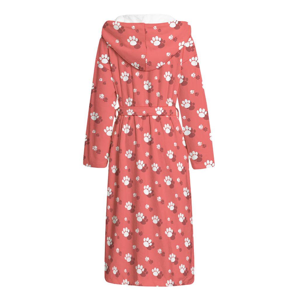 Pink And White Animal Paw Pattern Print Hooded Bathrobe