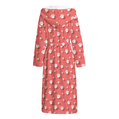 Pink And White Animal Paw Pattern Print Hooded Bathrobe