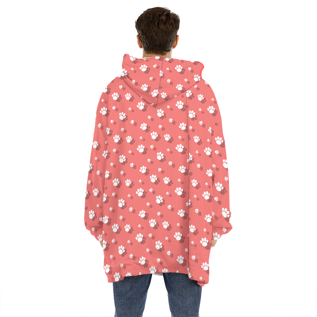 Pink And White Animal Paw Pattern Print Hoodie Blanket