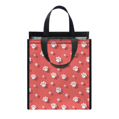 Pink And White Animal Paw Pattern Print Insulated Lunch Tote