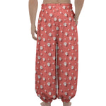 Pink And White Animal Paw Pattern Print Lantern Pants