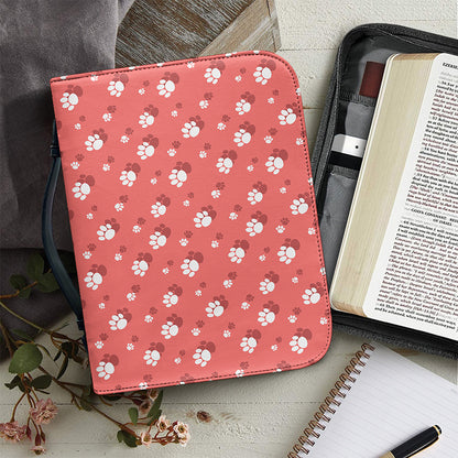 Pink And White Animal Paw Pattern Print Leather Bible Cover