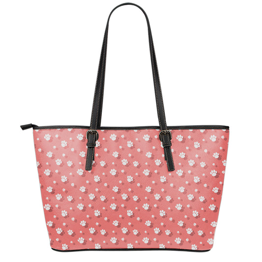 Pink And White Animal Paw Pattern Print Leather Tote Bag