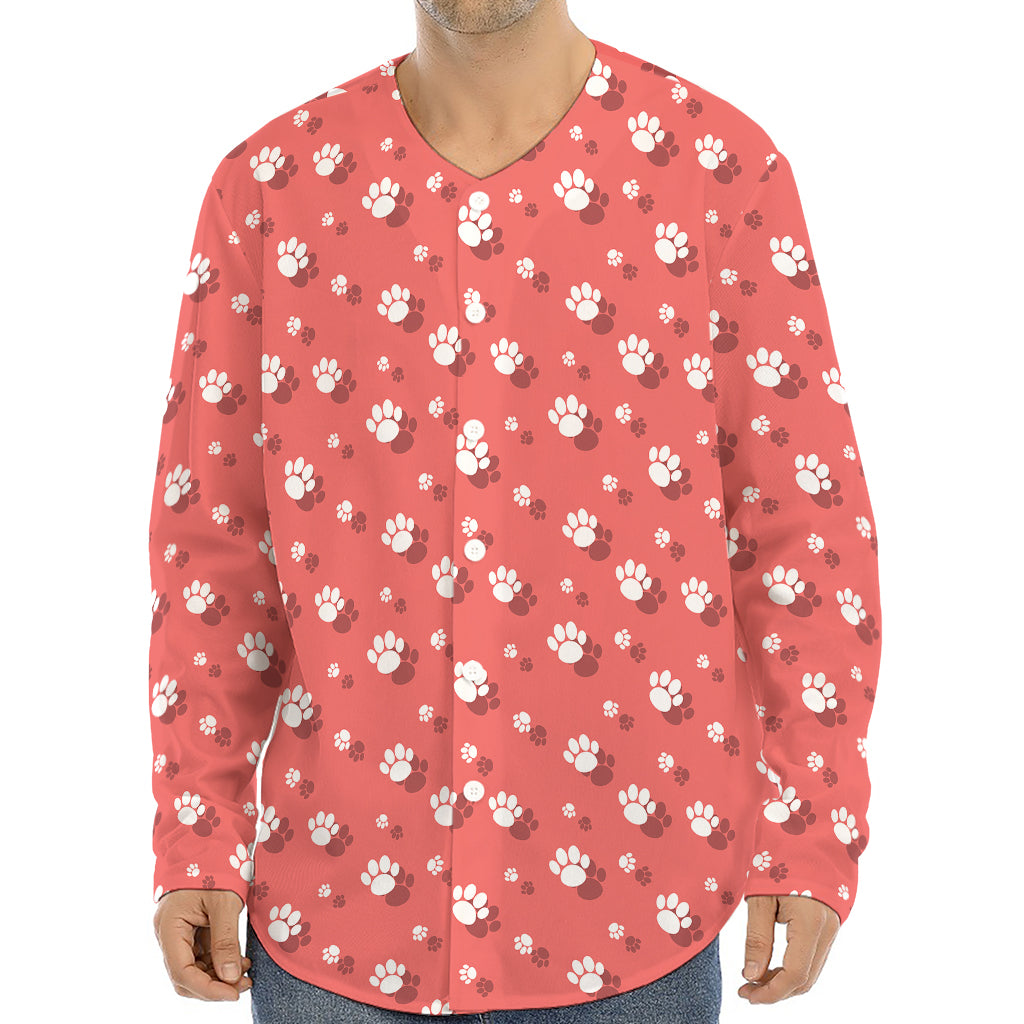 Pink And White Animal Paw Pattern Print Long Sleeve Baseball Jersey