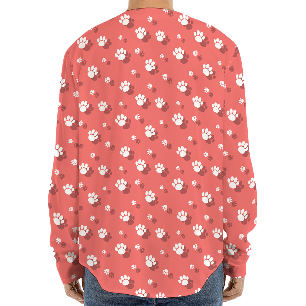 Pink And White Animal Paw Pattern Print Long Sleeve Baseball Jersey